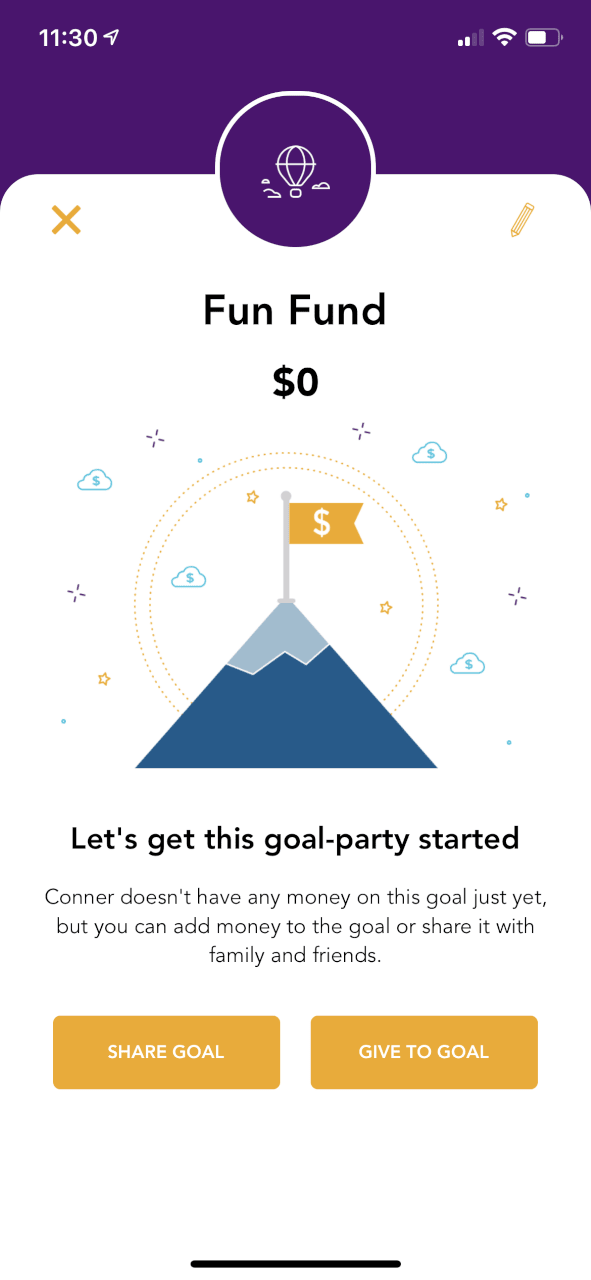 savings goal screen with mountain summer icon in background