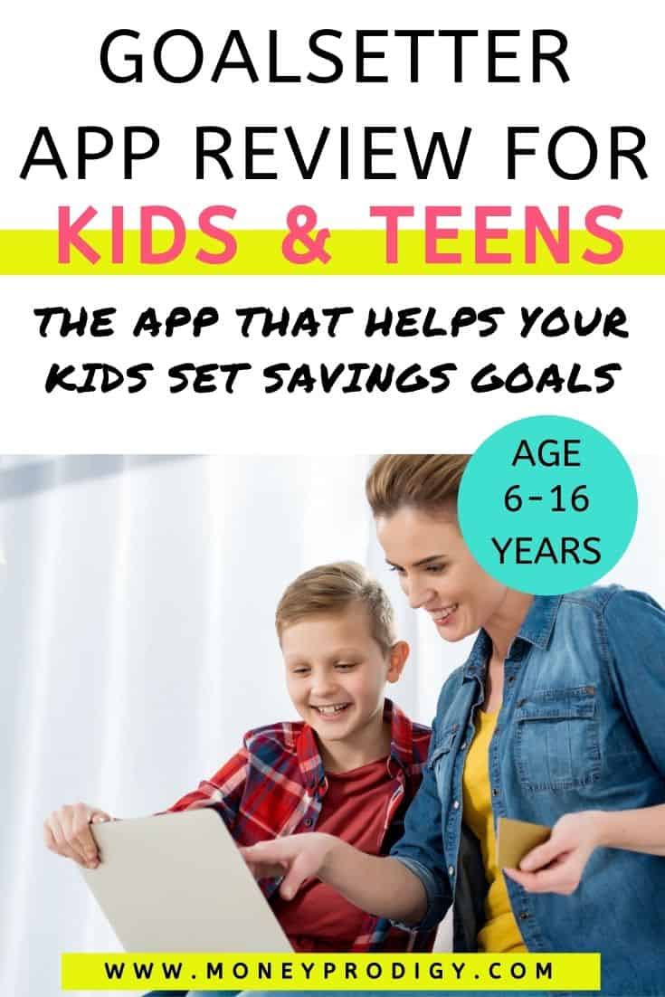 alt="mom with tween boy making online purchase with prepaid debit card, text overlay "goalsetter app review for kids and teens"