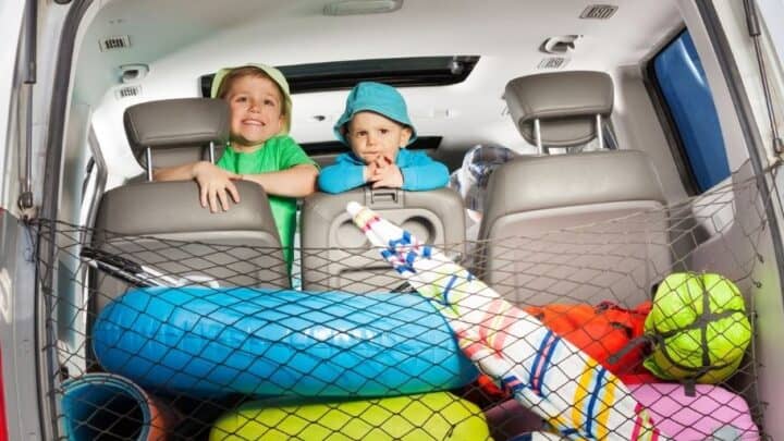 one four year old and an older sibling looking out the trunk of a car, smiling