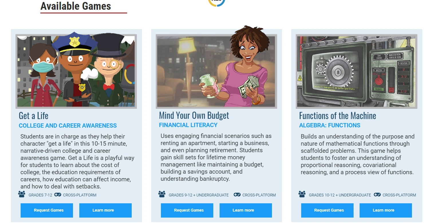 screenshot of three different games - get a life, mind your own budget, functions of the machine - teachers can request access to the platform for free