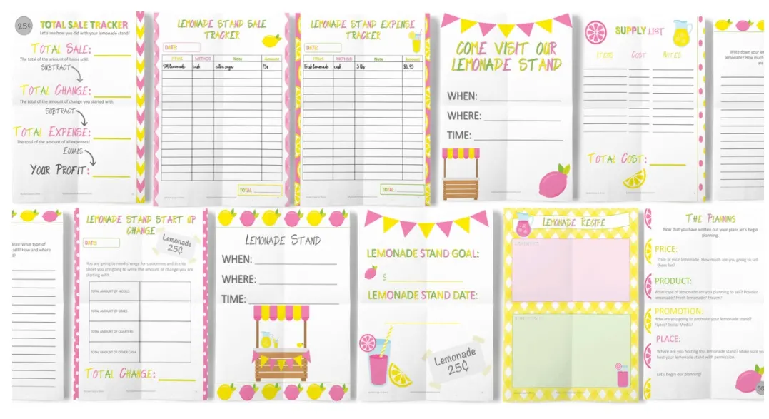 yellow, light pink, and green set of lemonade stand worksheets