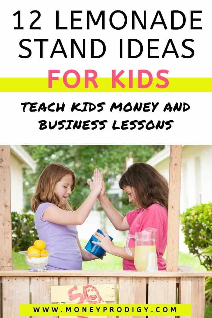 two girls behind lemonade stand, slapping each other five, text overlay "12 lemonade stand ideas for kids - teach money and business lessons"