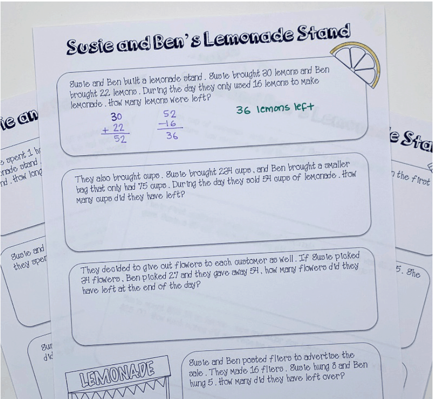 word problem black and white sheets, with boxes