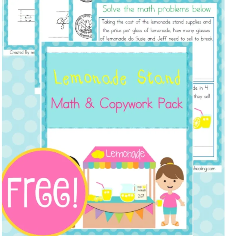 teal-blue and pink lemonade stand math and copypack with girl cartoon on front cover