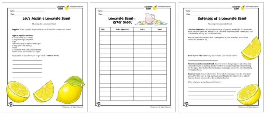 three worksheets with designing a lemonade stand, Order sheet, and expenses sheet