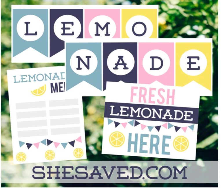 blue, teal, pink, and yellow pretend play lemonade stand printables with menu and banner