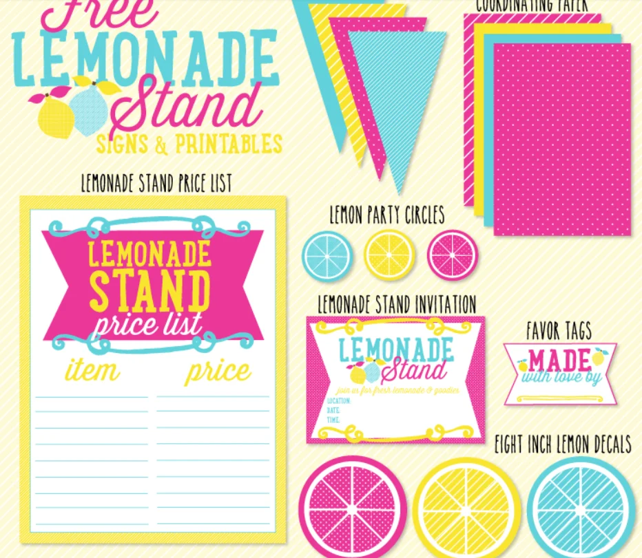 yellow, blue-teal, and magenta colored pretend play lemonade stand printables