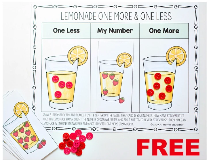 one more one less play mat with three boxes and a glass of lemonade in each, and red buttons