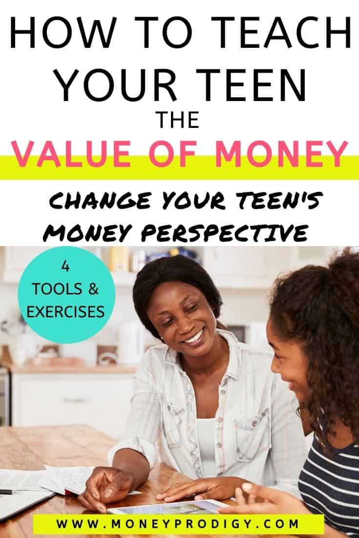mom at table with daughter, both talking and smiling, text overlay "how to teach your teen the value of money - 4 exercises"