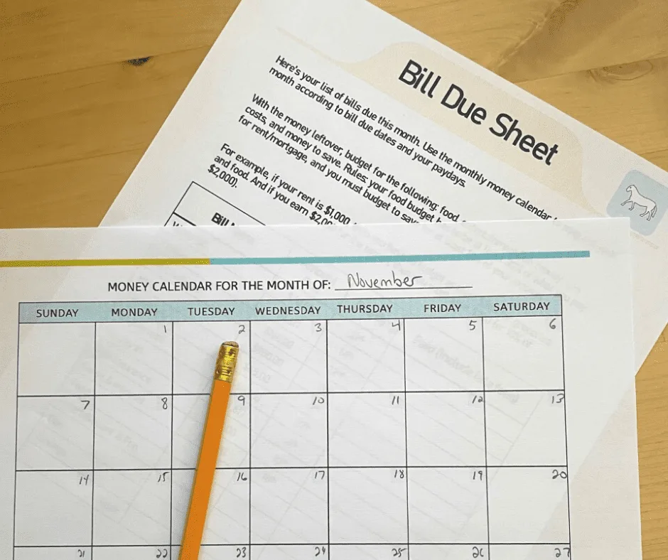 monthly money calendar partly filled in with dates, plus bill due sheet for the horse trainer job position