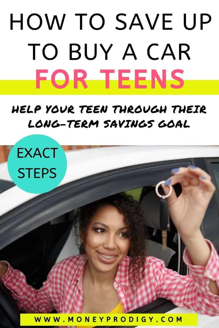 teen girl in red checker shirt, smiling in driver seat, text overlay "How to save for a car as a teenager"