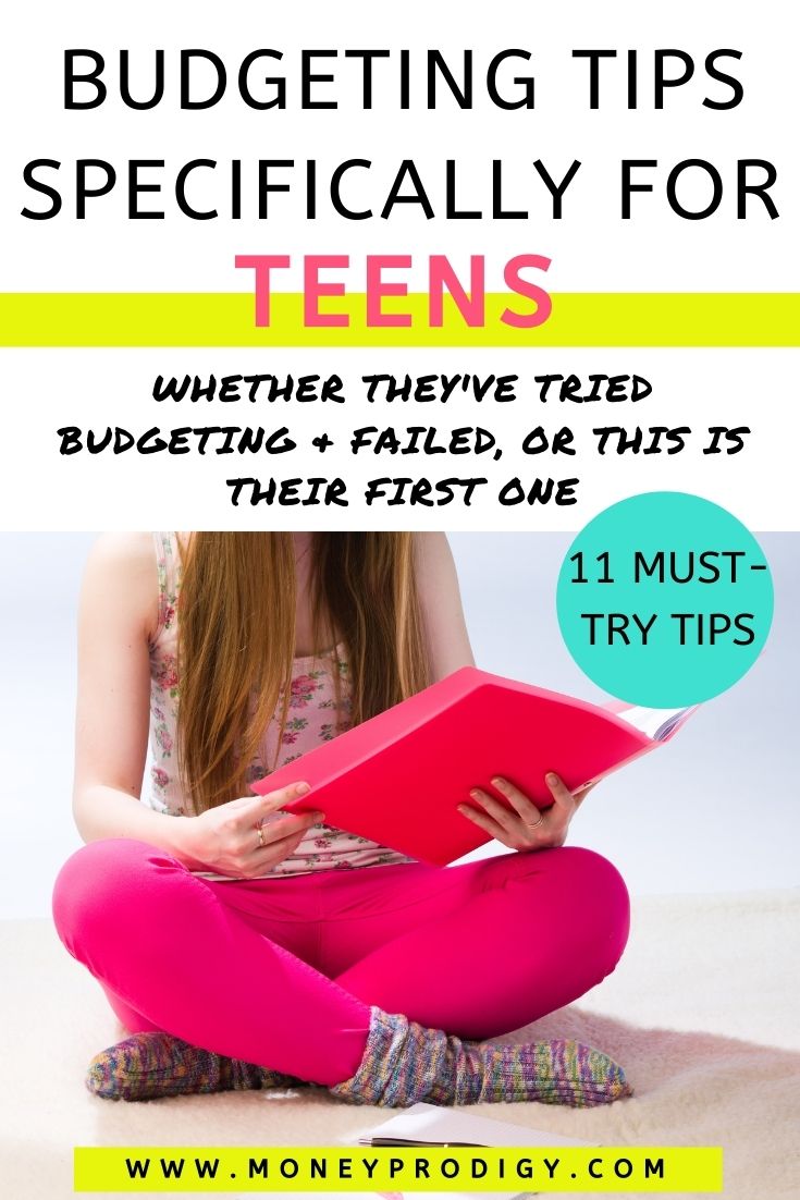 teen girl looking over budget in pink binder, text overlay "budgeting tips specifically for teens"