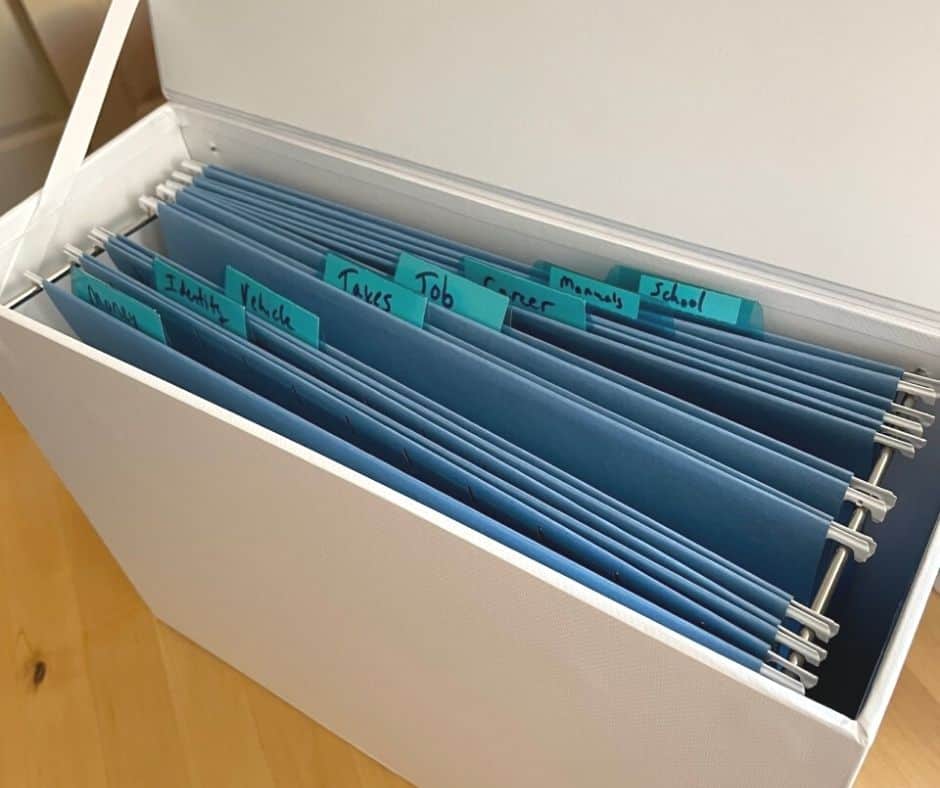 white teen life file box with blue hanging folders to organize a teen's life