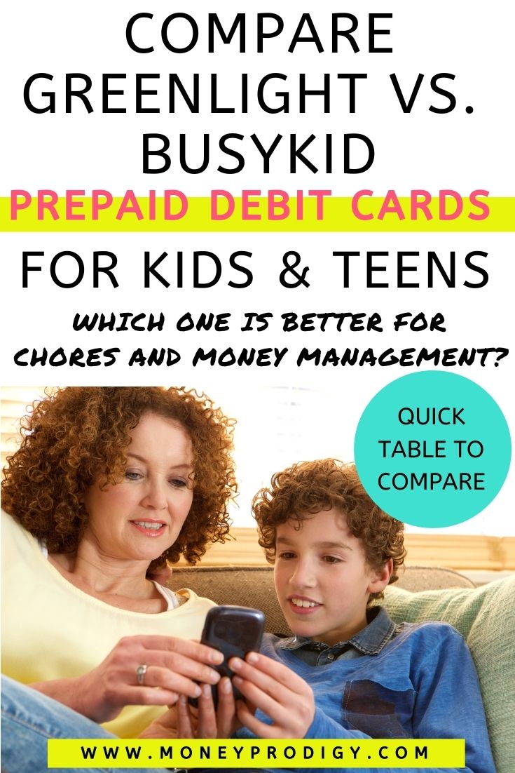 mother and son on couch looking at prepaid debit card app on phone, text overlay "compare greenlight vs. busykid"