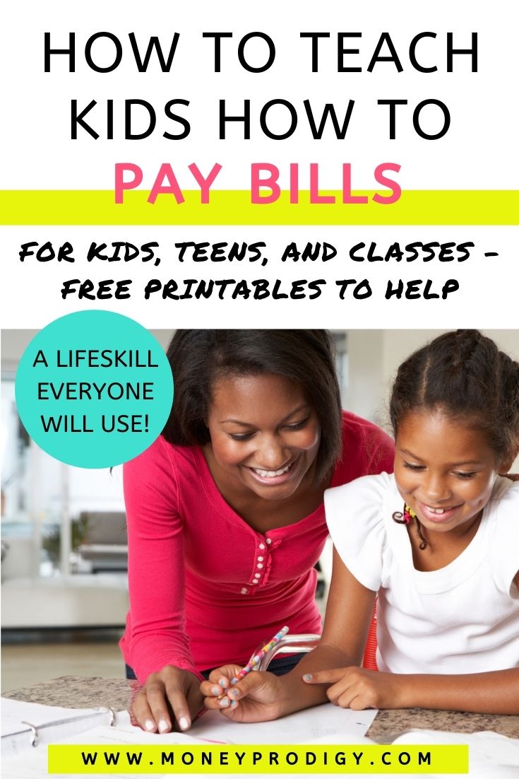 mother working with child on bill pay worksheets, text overlay "how to teach kids how to pay bills"
