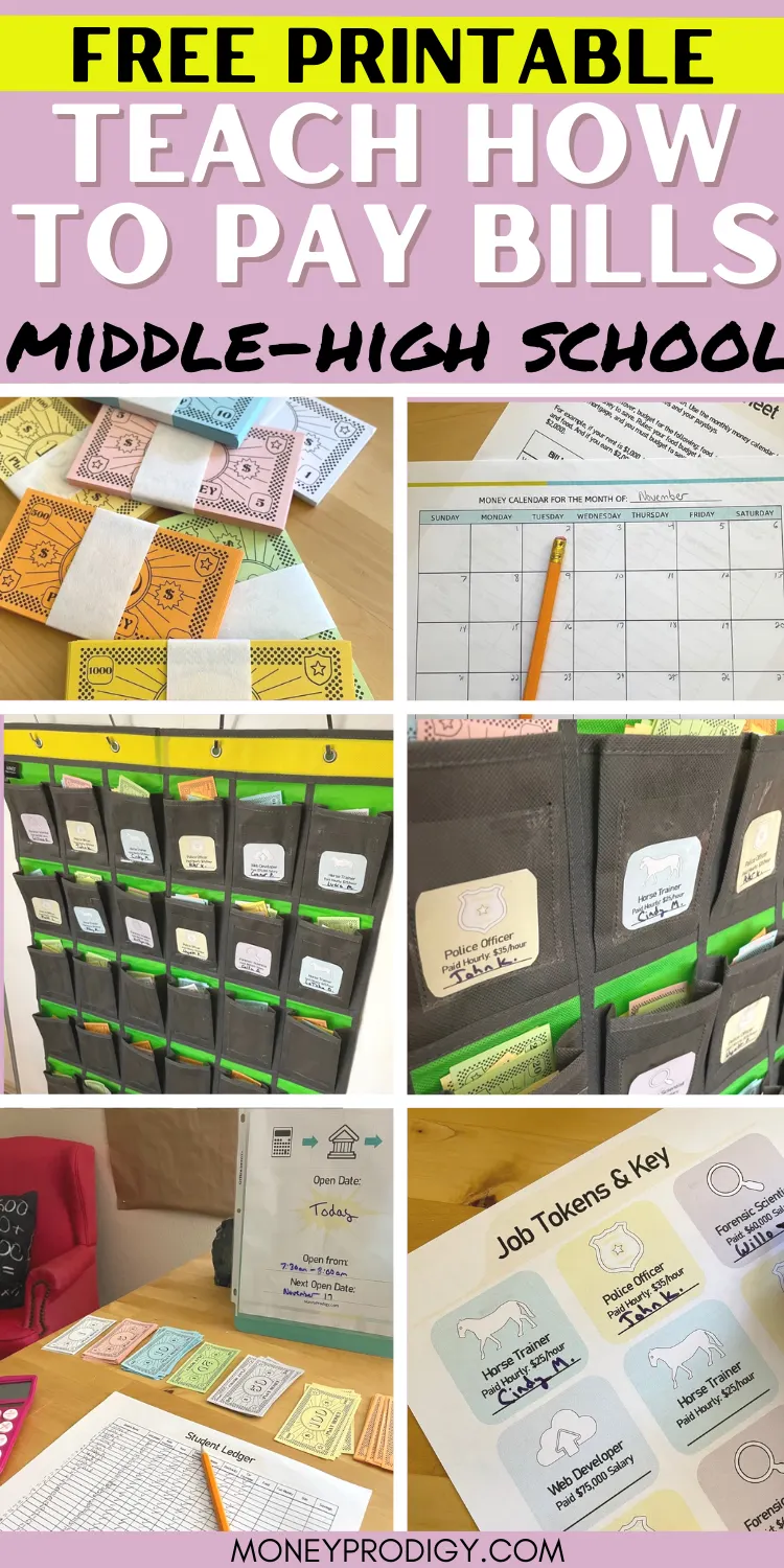 layout of pretend money, free printable bill pay project, pocket folders filled up, etc. text overlay "free printable teach how to pay bills middle - high school"