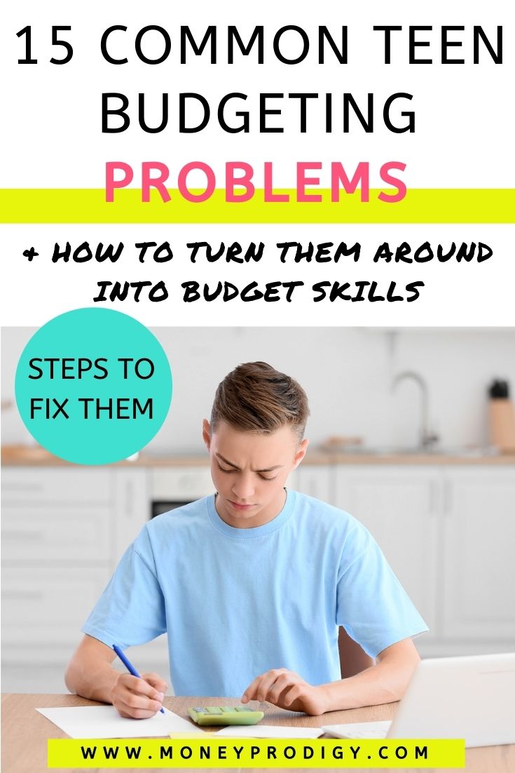boy teenager working with calculator  and looking puzzled, text overlay "15 common teen budgeting problems"