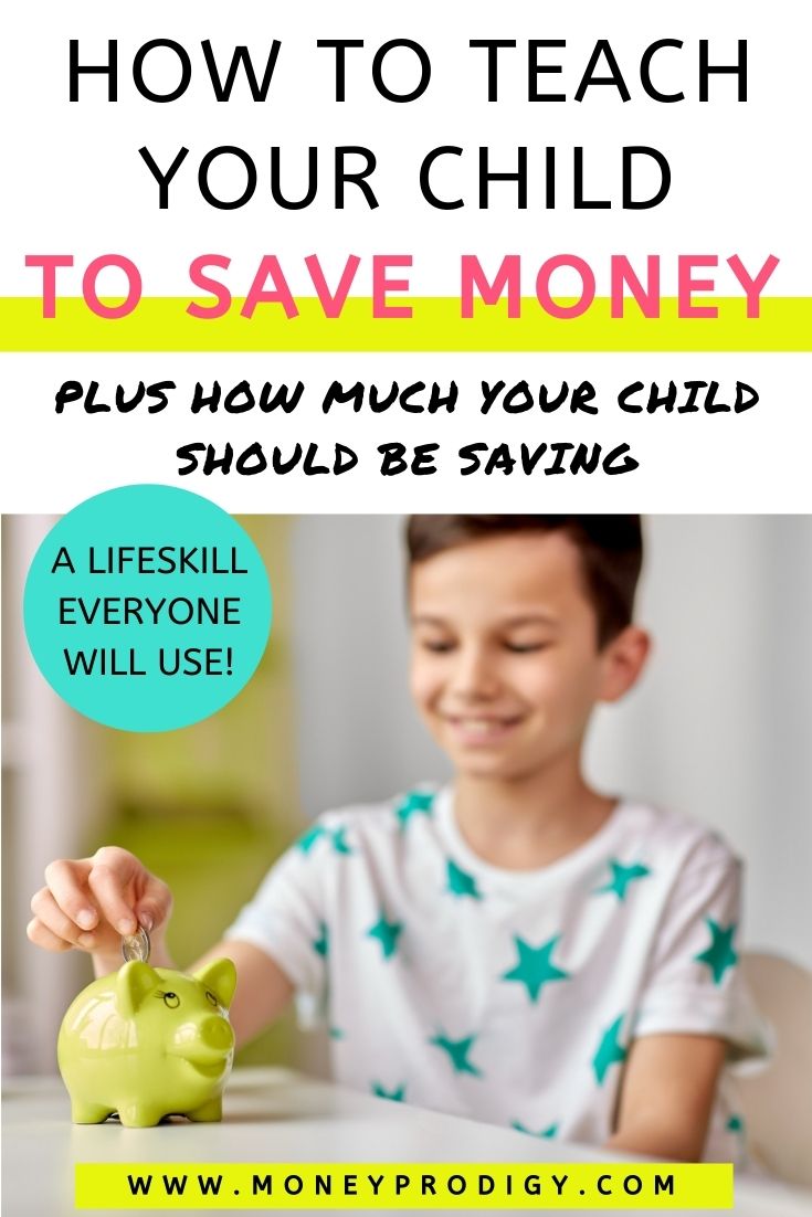 boy smiling, putting money into funky green piggy bank, text overlay "how to teach your child to save money"