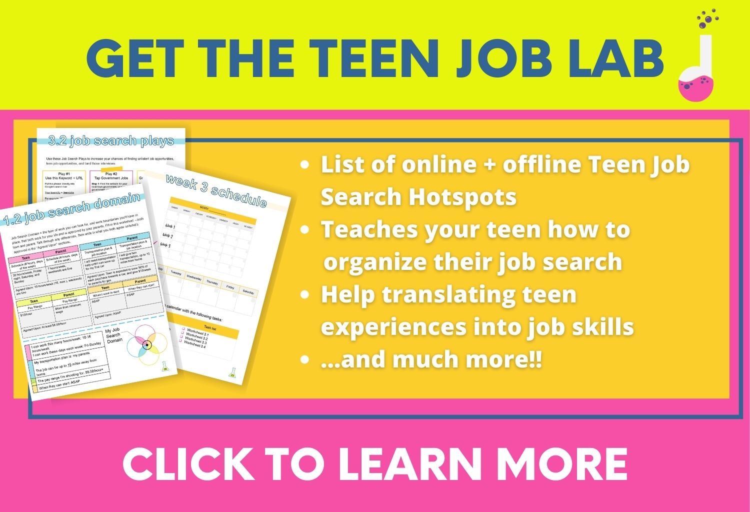 pink, orange, bright box, text overlay "get the teen job lab - list of online/offline teen job search hotspots, teach your teen how to job search, etc."