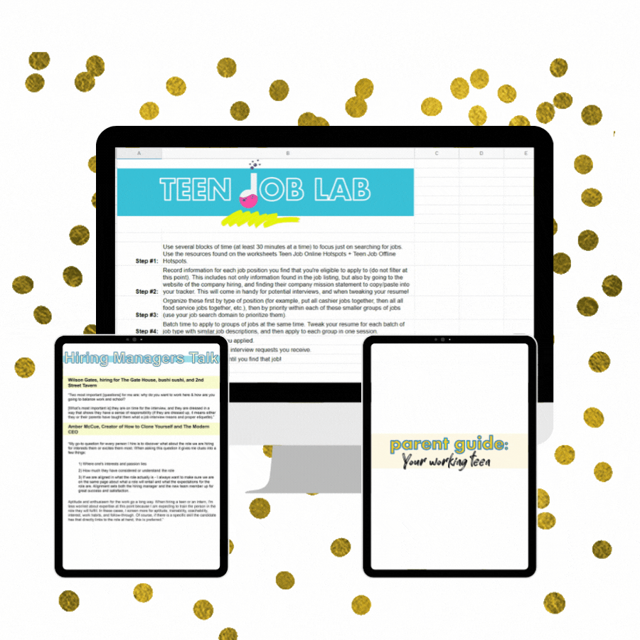 ipad with Hirirng Manager's Talk PDF in it, another iPad with Parent Guide" Your Working Teen cover on it, computer with Teen Job Lab google sheets on it, and moving gold circles in background