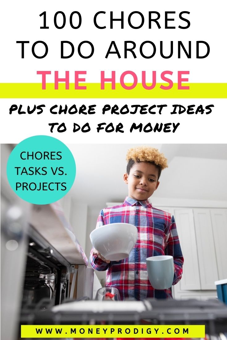 older child filling up dishwasher, text overlay "100 chores to do around the house plus chore project ideas for money"