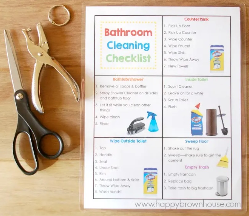 detailed bathroom cleaning checklist chore cards on wooden background