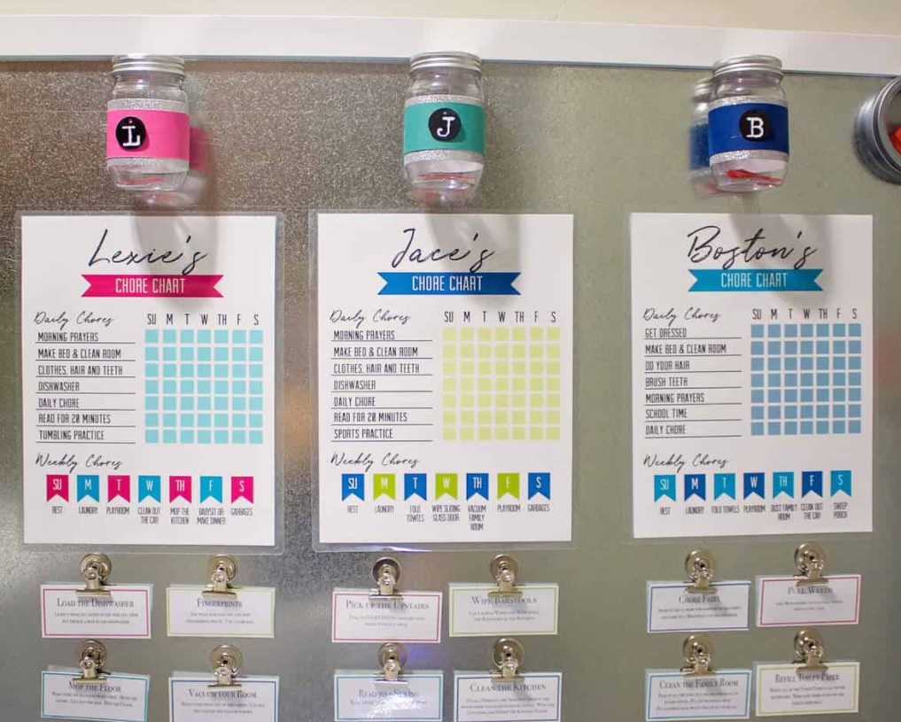chore chart visuals full chore system on metal background, with chore card PDFs on bottom hung up by magnetic hooks