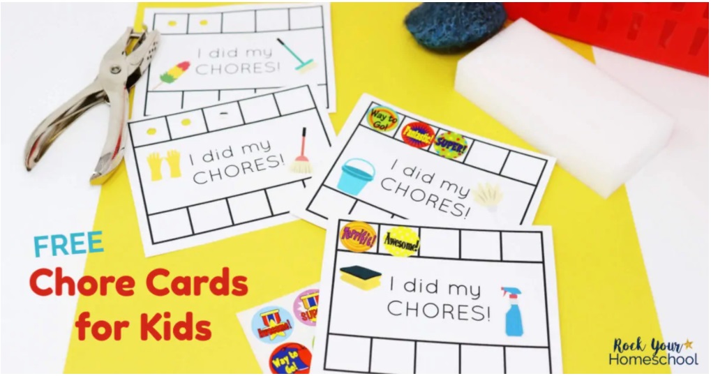 set of chore reward cards with stickers and blank spots for stickers, on yellow background