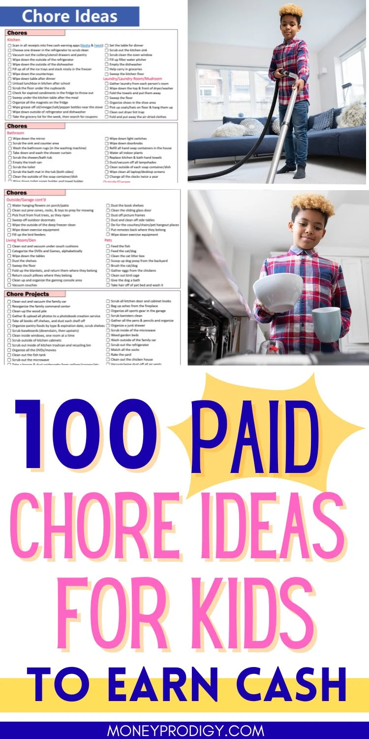 preteen boy doing chores, alongside flatlays of printable chore ideas list for your chore board