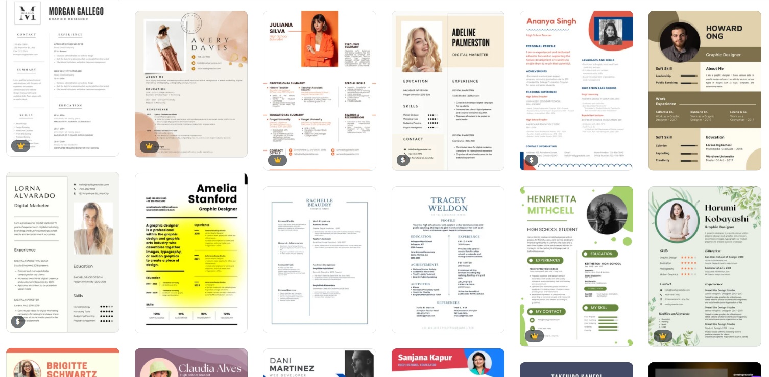 Three rows of colorful, two-column cv resume templates for high school students in Canva