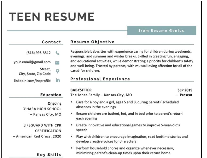 free teen resume template with muted green lines, two columns