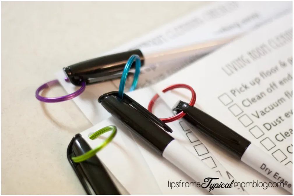 set of chore cards with keyrings, and dry erase marker in each key ring