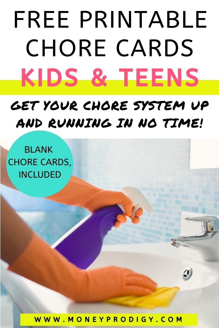 set of arms with orange gloves spraying sink, text overlay "free printable chore cards for kids and teens"