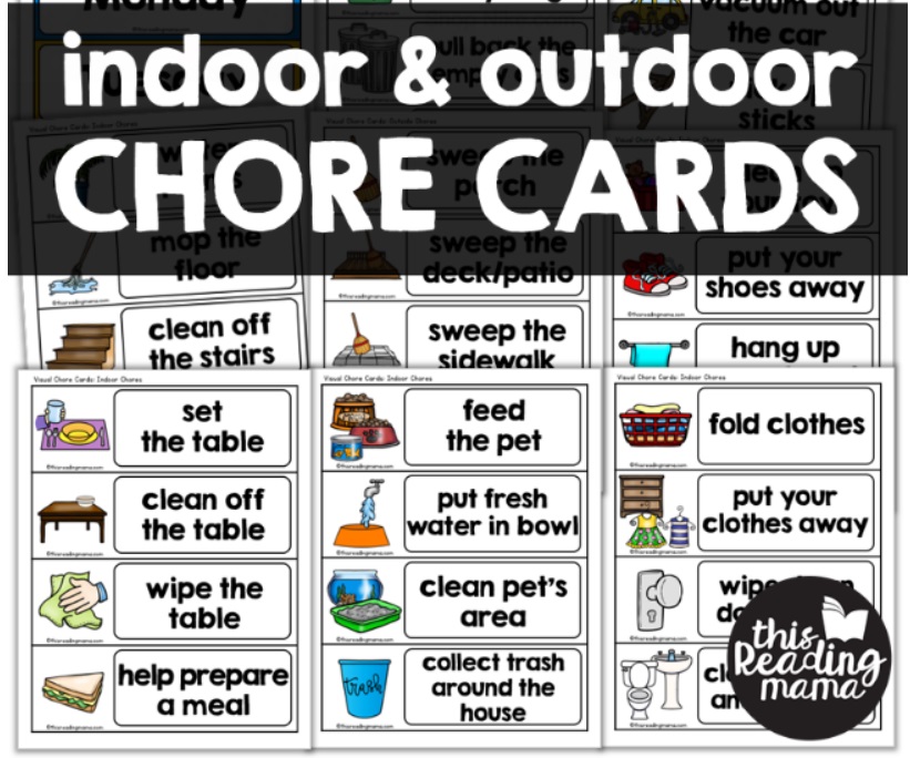 big-font chore cards with small cleaning picture visual on left of each