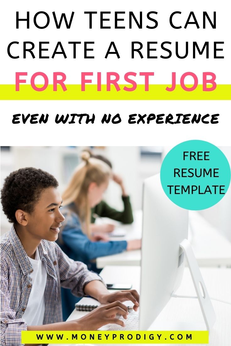 teen boy looking at computer screen creating resume, text overlay