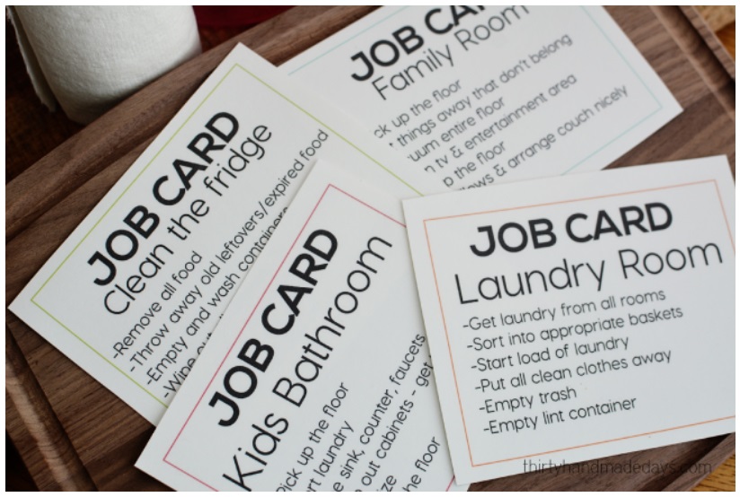 simple job cards for tweens and teens, with thin, colored  square around them
