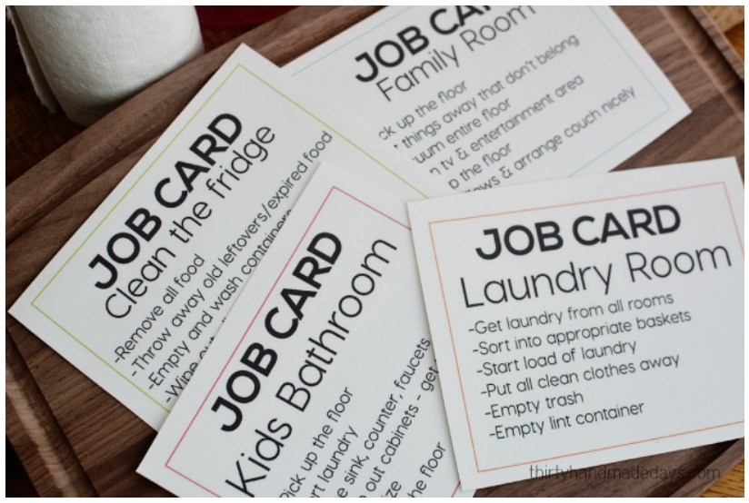 chore chart visuals simple job cards for tweens and teens, with thin, colored square around them
