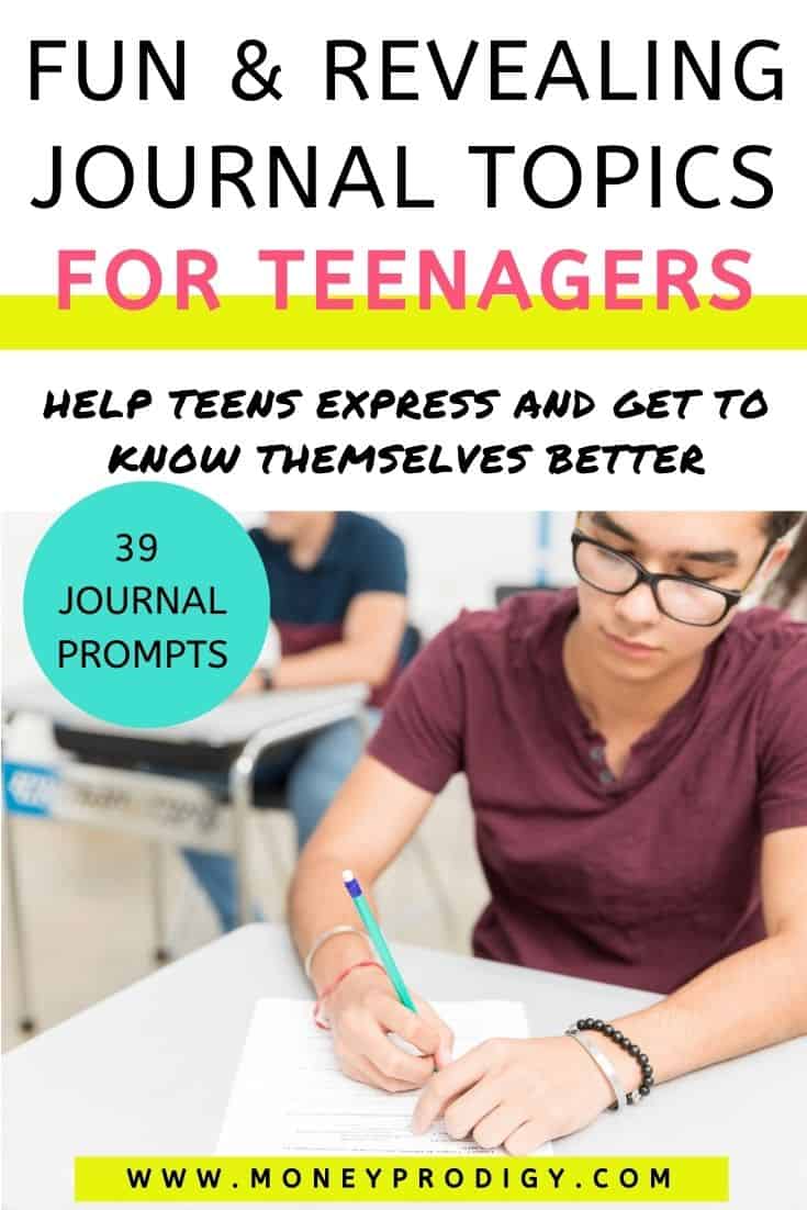 teen boy writing journal prompt in classroom, text overlay "fun and revealing journal topics for teenagers"