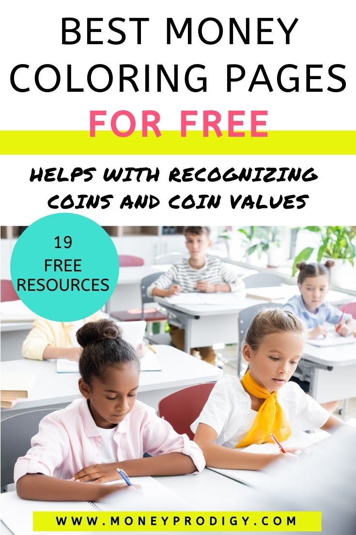 classroom kids working on coloring money pages, text overlay "best money coloring pages for free"