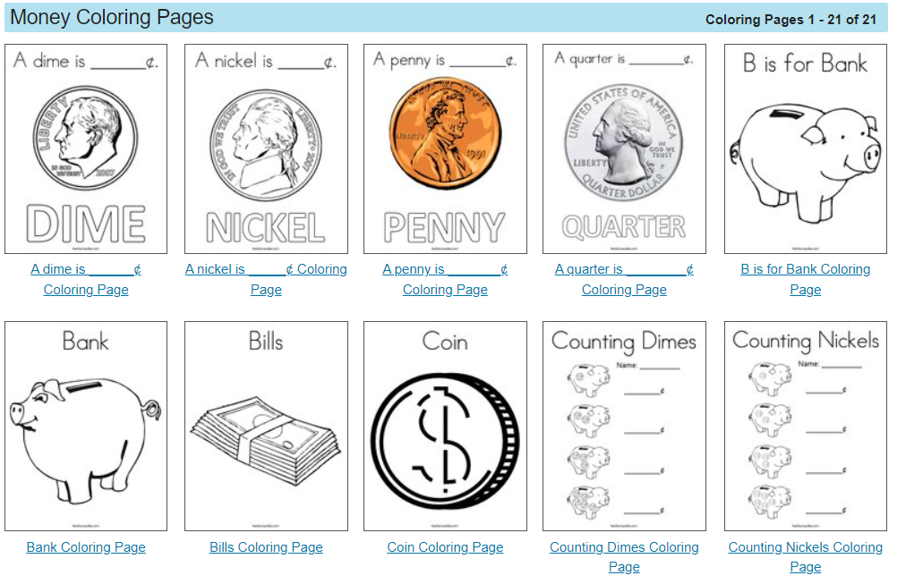 each coloring sheet has one coin on it, and a place to fill in the value of each coin type