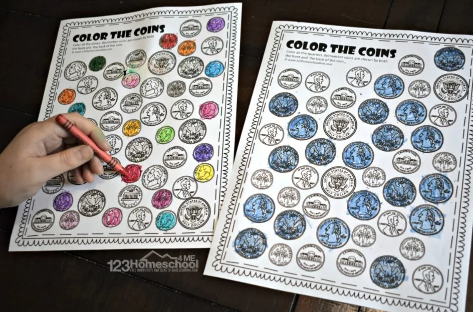 two pages of color the coins, one with quarters and one with dimes/pennies/nickels, front and back