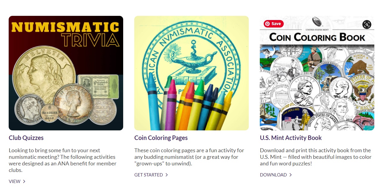 three options to click on: numismatic trivia, coin coloring pages, and U.S. Mint Activity Book