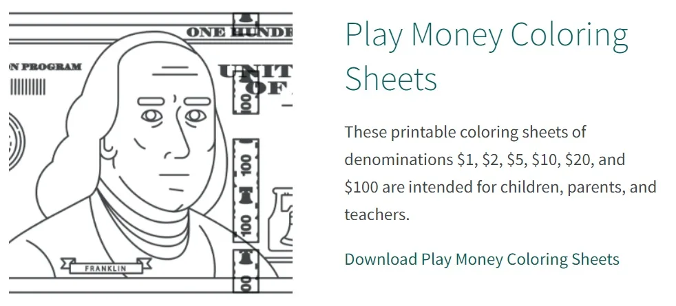 Outline of Benjamin Franklin on $100 bill to color in