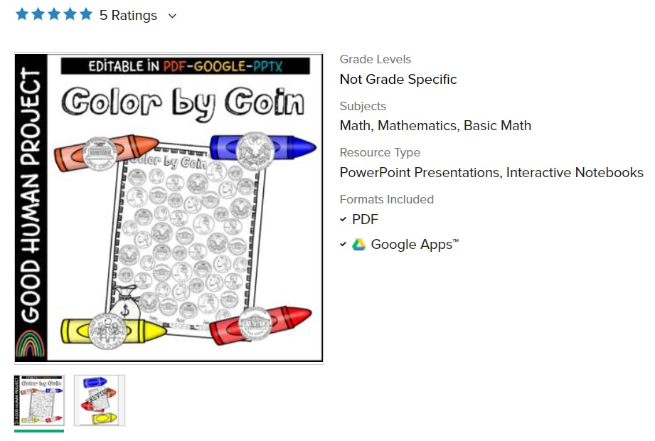 worksheet with four colored crayons on it, four coins to color in