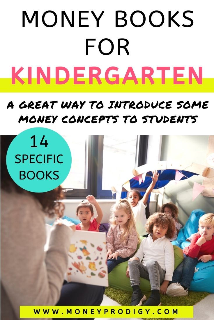 teacher reading money books to kindergarten students, text overlay "money books for kindergarten"