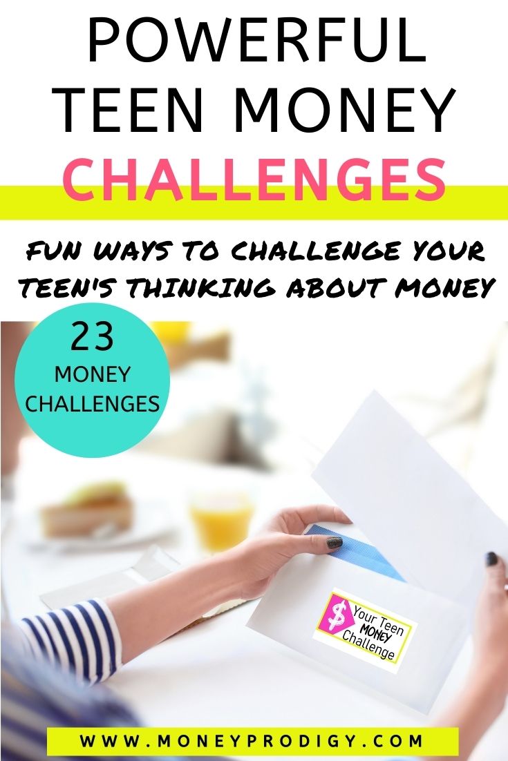 girl teen in striped shirt taking money challenge out of envelope, text overlay "powerful teen money challenges"