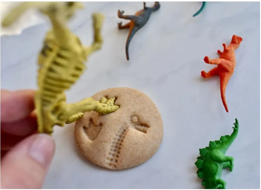 yellow, red, and green dinosaurs on white background, and round salt dough with pressed-in skeleton