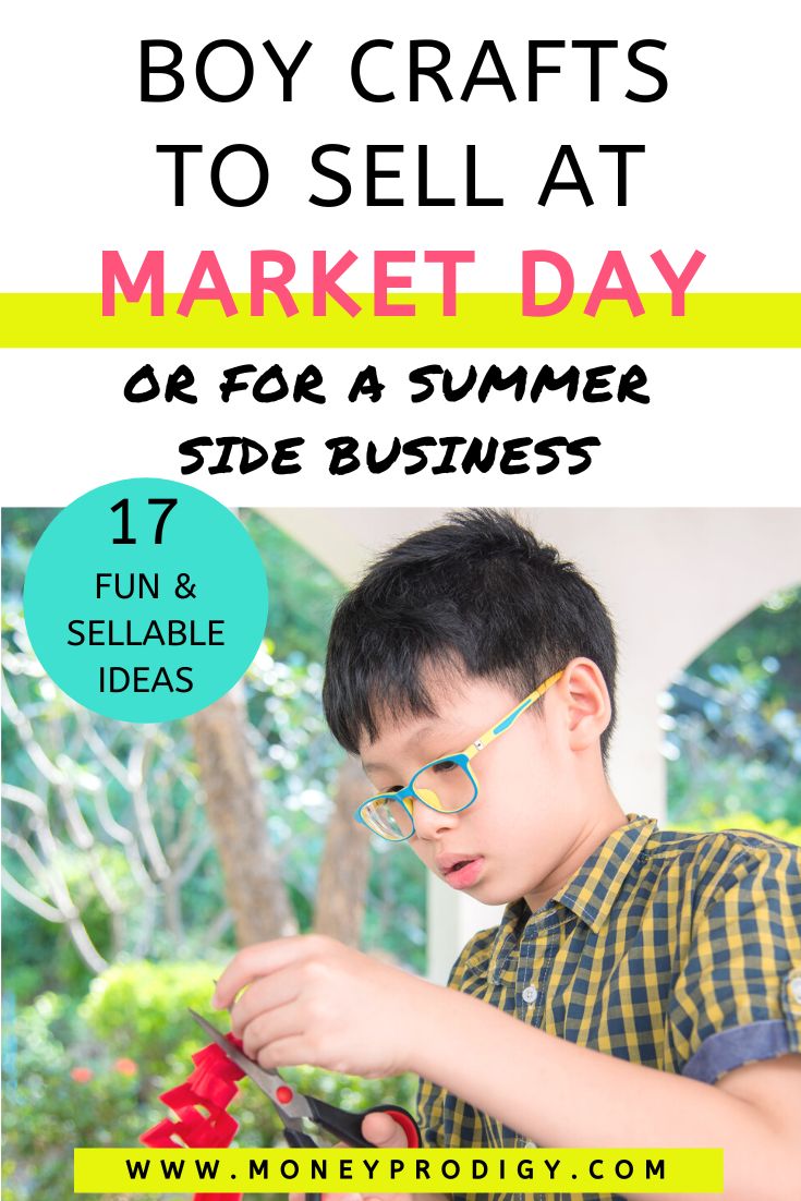 boy with colorful glasses doing craft, text overlay "boy crafts to sell at market day or summer side business"