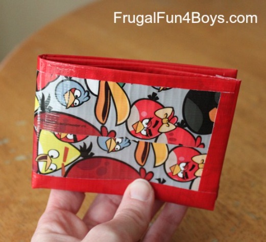red outlined angry bird, duct tape wallet