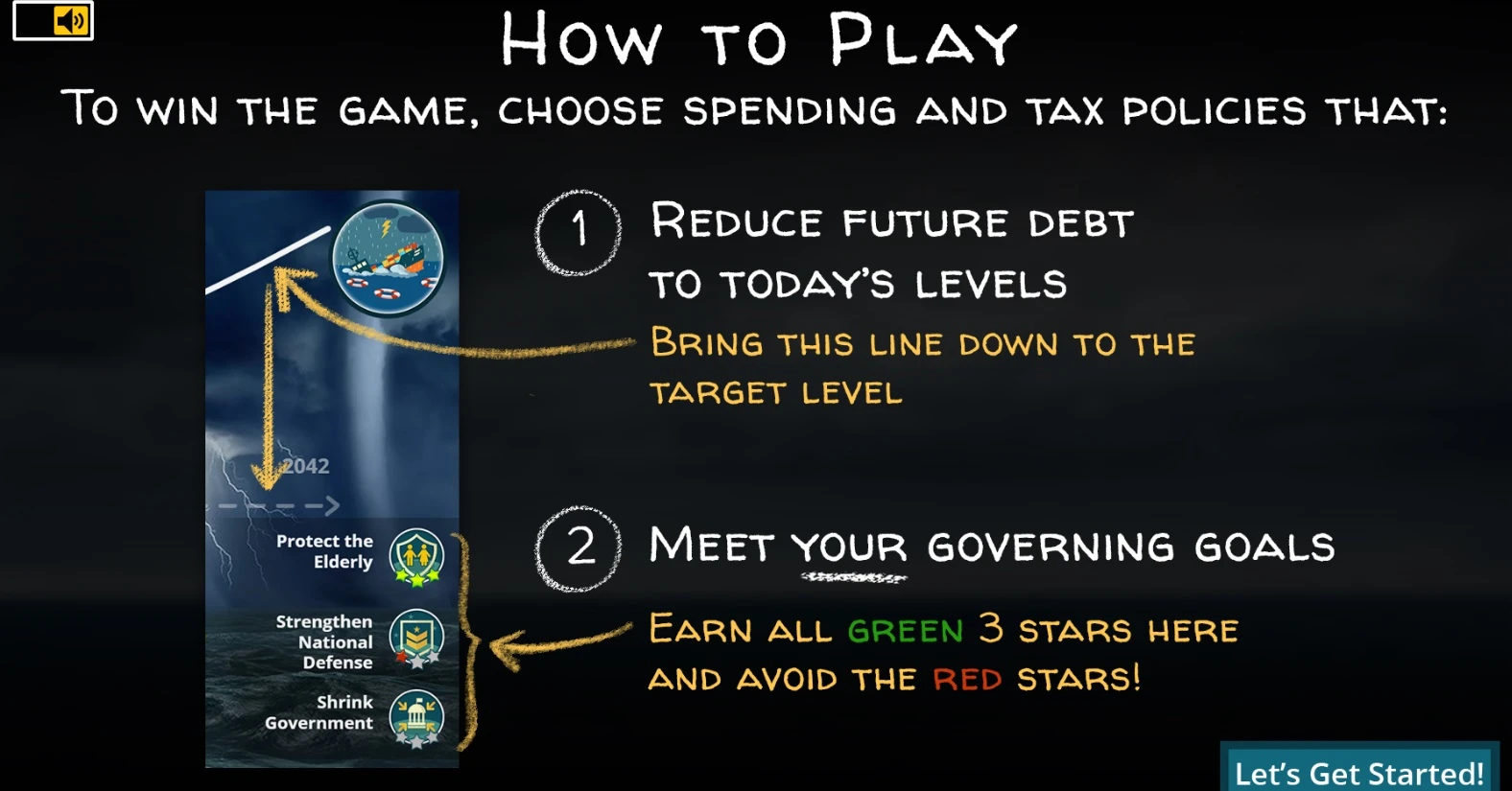black background How to Play screen asking students to choose spending and tax policies to reduce debt and meet governing goals